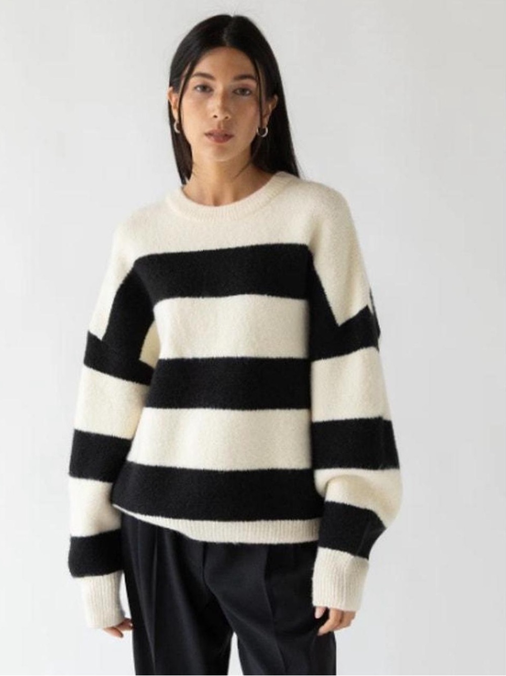 OAK + FORT Black and Cream Striped Crewneck Sweater